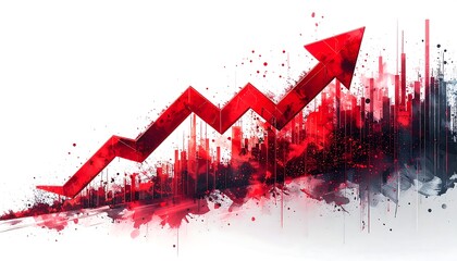 Red upward trend graphic over abstract cityscape