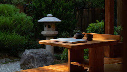 A wooden table holds a laptop, teapot, and tea cup, surrounded by lush greenery and a stone lantern. Soft golden light enhances the peaceful atmosphere in the garden