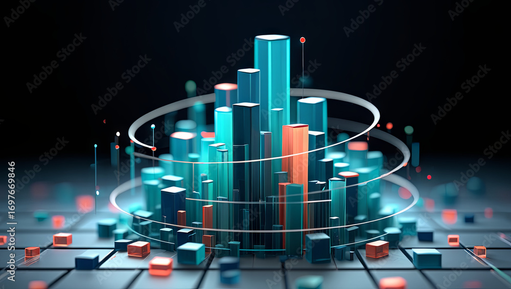 Poster colorful 3d bar graphs rise from a grid surface, illustrating data analytics concepts with surroundi