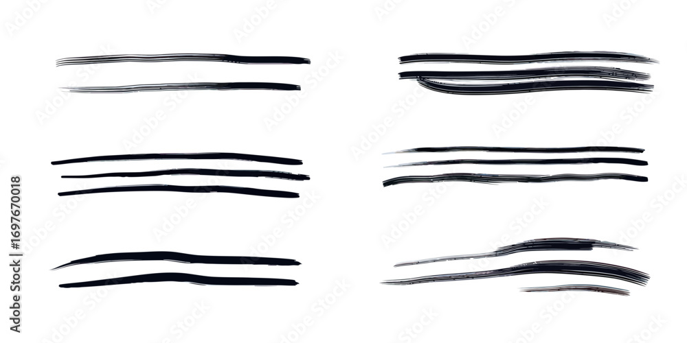 Poster set of black hand drawn brush stroke lines with different thicknesses and styles for underline, high