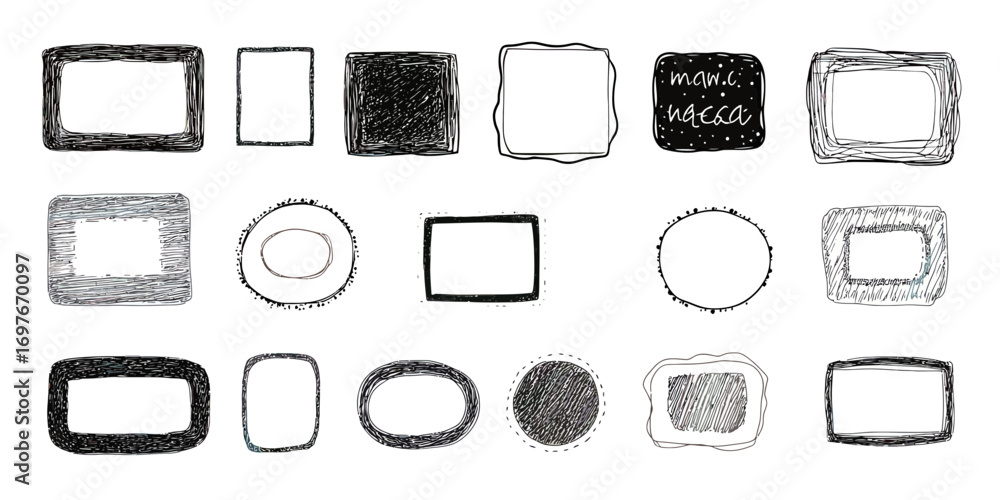 Poster Set of hand drawn black and white doodle frames and borders with rectangular, square, oval, and circular shapes in sketchy pen style for text decoration or design elements vector illustration