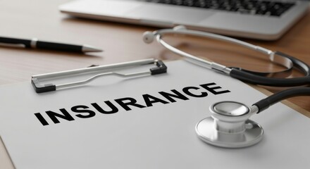 Insurance policy form document with stethoscope and pen on desk for healthcare finance