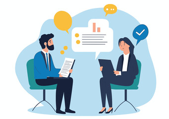 Business meeting discussion between male and female professionals sharing documents and ideas with speech bubbles in flat minimalist style vector illustration