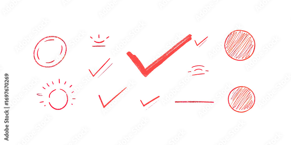 Poster red hand drawn check marks underline circles set with sketch style doodle strokes isolated on white 