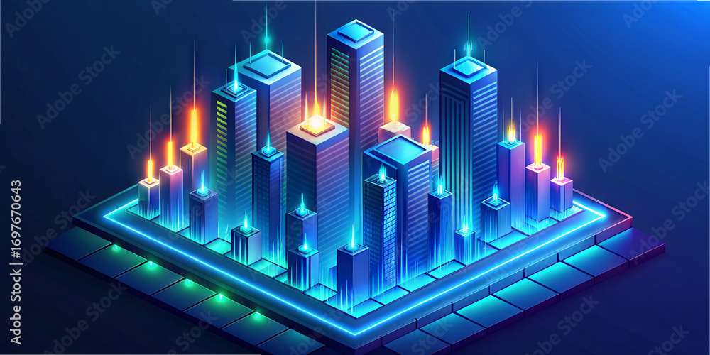 Poster futuristic cityscape features tall buildings illuminated by dynamic neon lights. the scene showcases