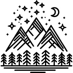 Obraz premium Mountain Serenity: A serene scene of mountains under a starlit night sky, trees in the foreground. A vector illustration evoking the quietude of nature, tranquility, and outdoor escape. 