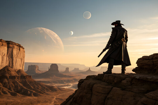 Space ranger in dark coat stands on desert cliff, overlooking surreal landscape with giant planets in the sky. Futuristic sci-fi western hero scene at sunset.