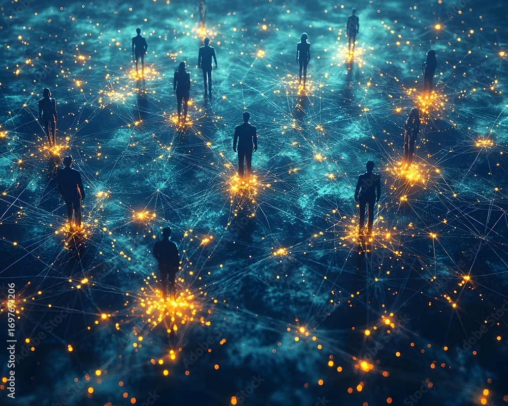 Poster abstract network of illuminated connections with silhouetted figures representing global connectivit