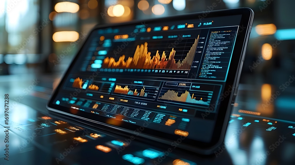 Poster a digital tablet displays complex financial market data and charts in a futuristic interface