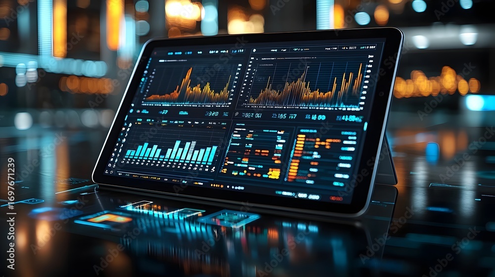 Poster modern digital tablet displaying financial analytics and market data on a glowing futuristic backgro