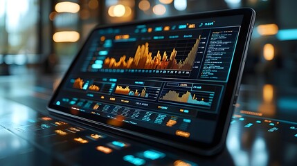 A digital tablet displays complex financial market data and charts in a futuristic interface