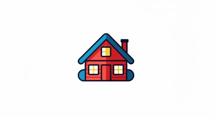 Cozy Home Icon - Simple Red House with Blue Roof on White Background