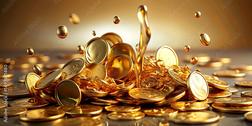 Poster a cascade of golden coins spills onto a smooth, reflective surface, with droplets of liquid gold spl