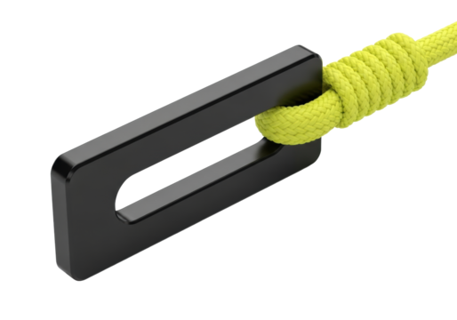 Deep black anodized aluminum industrial tag with fluorescent yellow braided nylon cord loop, on a transparent seamless studio background, soft shadow. Concept of industrial reliability and asset