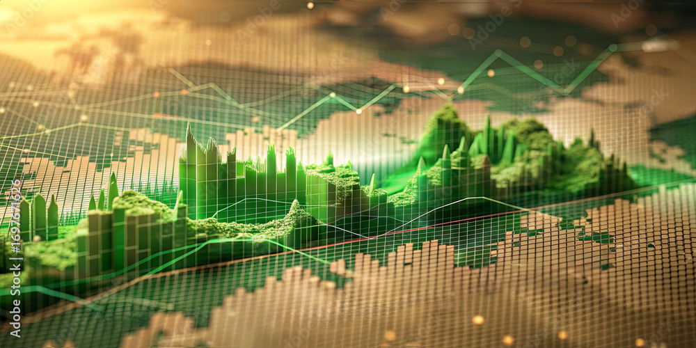 Poster a digital representation of financial data featuring green graph elements rising above a world map. 