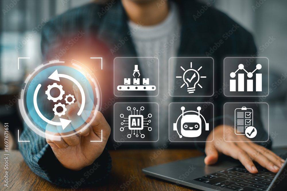 Poster explore the future of automation with ai, robotics, and data analytics in a modern business setting.