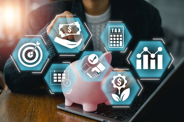 A piggy bank surrounded by digital icons representing financial planning, savings, investment, and...