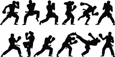Silhouettes of martial artists practicing combat techniques, boxing, karate, and kickboxing moves, dynamic fighting stances, isolated on white background
