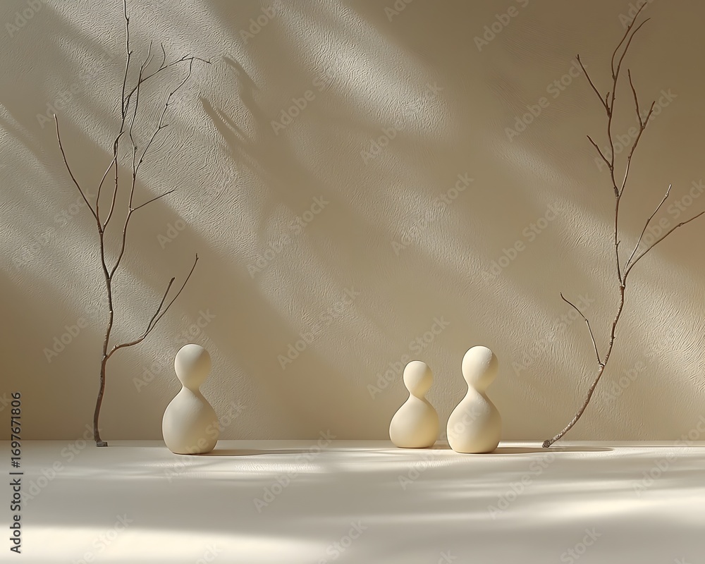 Poster minimalist composition featuring three abstract ceramic figures and delicate bare branches set again
