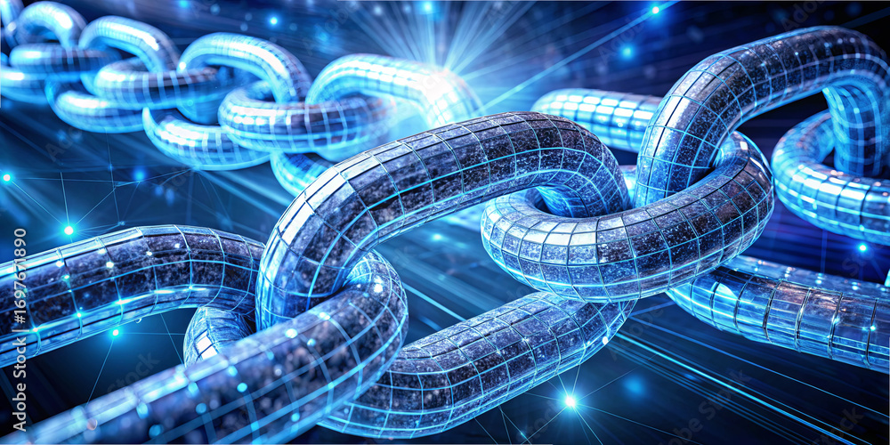 Poster a detailed depiction of interconnected metal links illustrating blockchain technology. the design sh