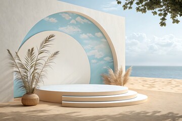 Archway display with ocean backdrop and tropical plant