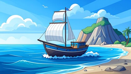 Cartoon sailing ship on a tropical beach