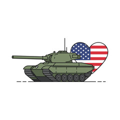 Fototapeta premium Green military tank with american flag heart symbol background – stock vector flat illustration