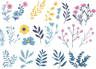 Collection of delicate watercolor floral elements and botanical illustrations in soft pastel colors