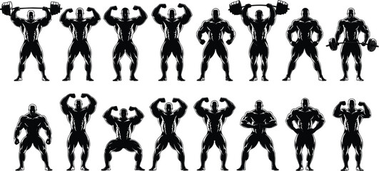 Silhouette of muscular bodybuilders, gym poses, flexing biceps, weightlifting, strength training, bodybuilding competition, fitness icons, vector illustration