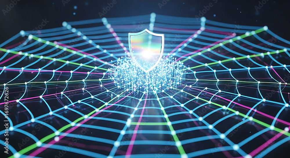 Fototapete cyber security shield protecting a glowing digital network web representing data protection internet