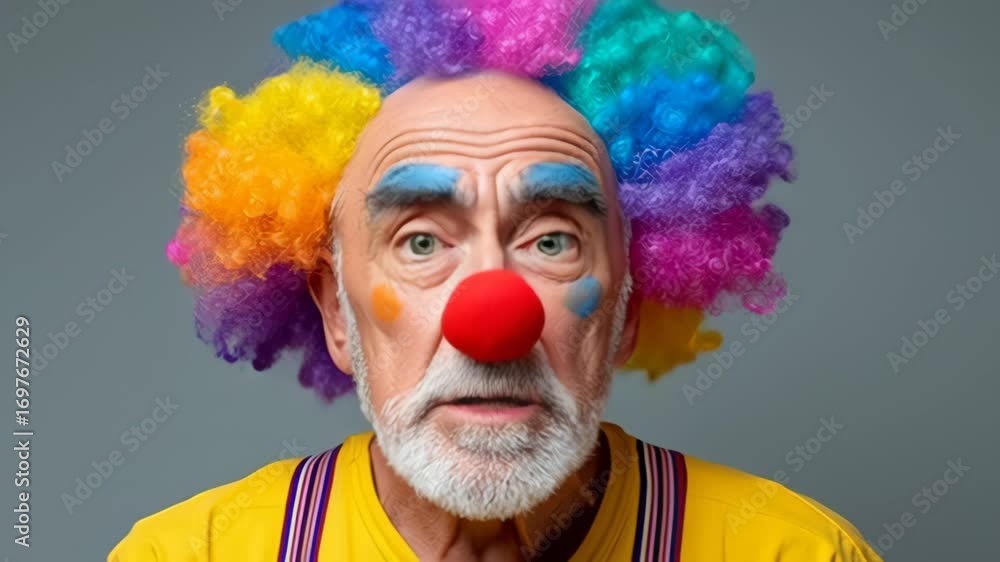 Poster man with a clown wig and red nose is looking at the camera. he has a serious expression on his face