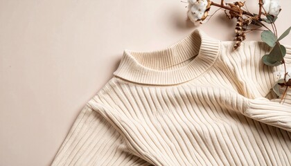 Fototapeta premium Cream Knit Sweater with Cotton and Eucalyptus Branches