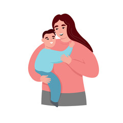 Mother holds her son in her arms. Love and care for the child. Vector flat graphics.