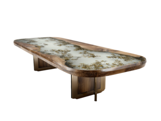 Long, oval wooden conference table with resin top