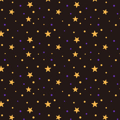 Seamless Halloween star pattern with orange and purple stars and dots on a black background. Perfect for wrapping paper, backgrounds, fabric, party invitations, posters, and seasonal graphic design.