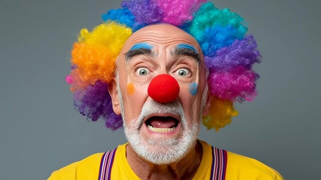 Man with a clown wig and red nose is looking at the camera. He has a sad expression on his face