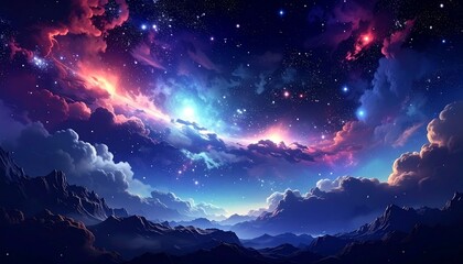 Naklejka premium Cosmic landscape of clouds and mountains