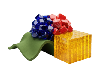 A cohesive modern art sculpture with blue glass, red ceramic, green felt, and yellow acrylic cubes, isolated on a transparent studio background with copy space. Concept of material contrast and