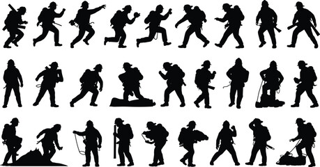 Silhouettes of mountain climbers, hikers, and adventurers with gear, trekking, exploring, climbing, in extreme outdoor expedition and survival action