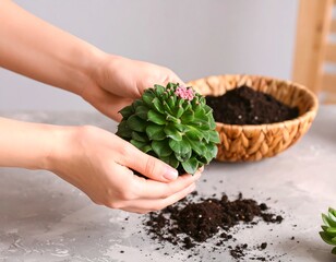 Hands potting a succulent plant