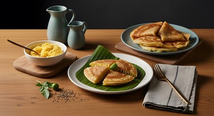 Kuih Kapit, Malaysian pancake, served with a side of creamy yellow spread on a wooden table.