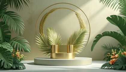 Minimalist podium with tropical plants