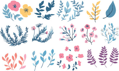 Collection of delicate watercolor floral and botanical illustrations with soft pastel colors