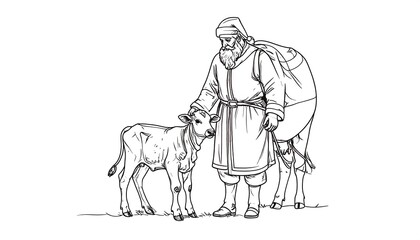 Santa with calf.  Sketch of jolly man