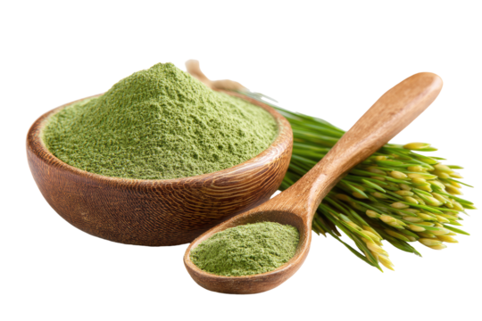 Light green powder in wooden bowl and spoon, with wheatgrass sprigs