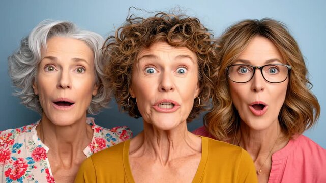 Three women with glasses and hair in different styles are shown with their mouths wide open. Concept of surprise or excitement, as if the women are reacting to something unexpected or thrilling