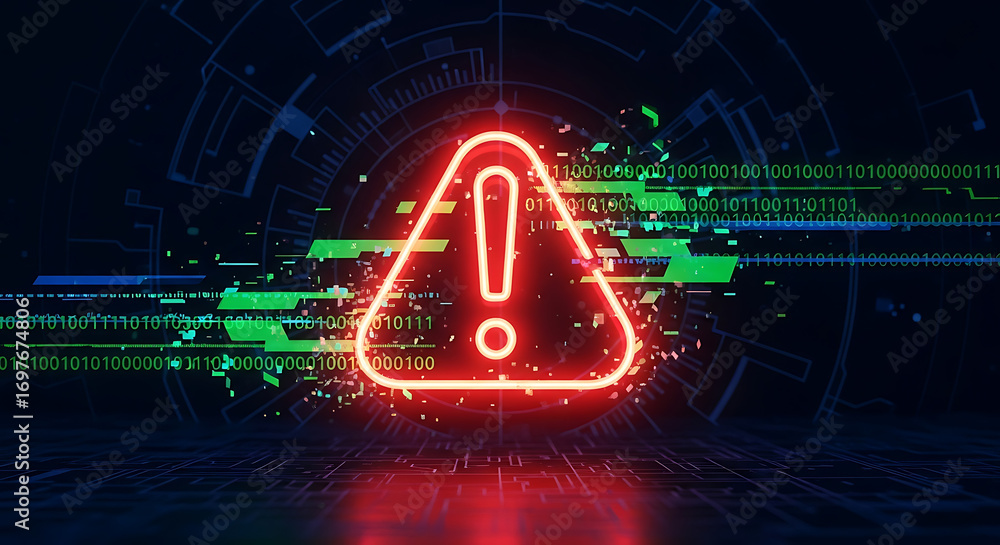 Fototapete glowing red warning exclamation mark symbolizing cyber security alert data breach risk and system fa