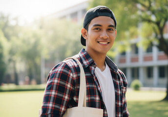 Casual man in plaid shirt with tote bag