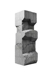 Colossal, imposing brutalist sculpture of raw grey concrete with rough texture, isolated against a stark white studio background, architectural strength concept