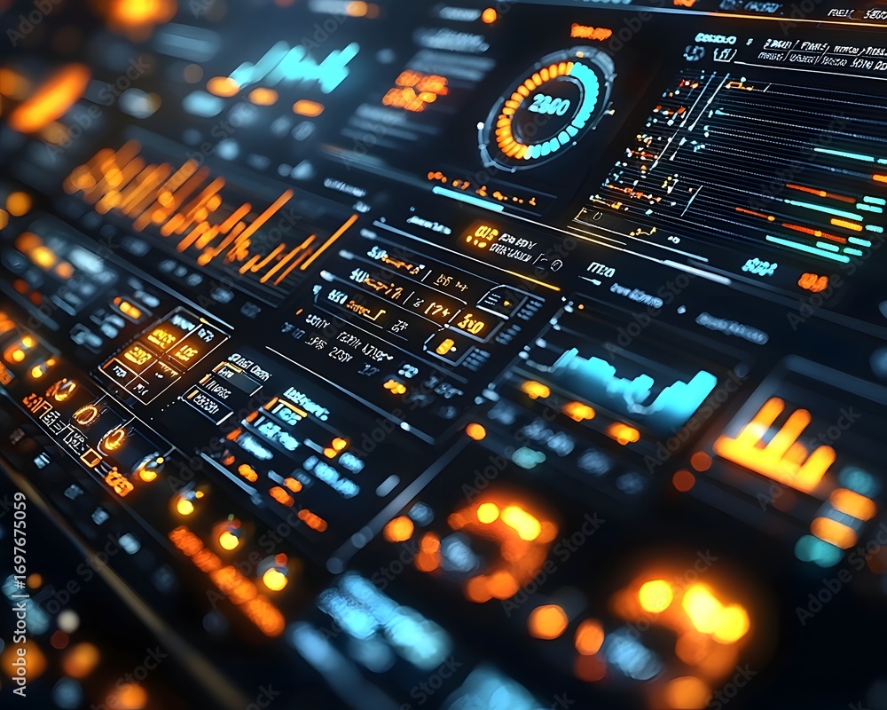 Poster futuristic digital dashboard displaying complex business and industry data visualizations charts and
